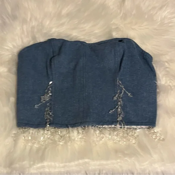 Nasty Gal Premium Chandelier Embellished Denim Bustier Top - Picture 5 of 7